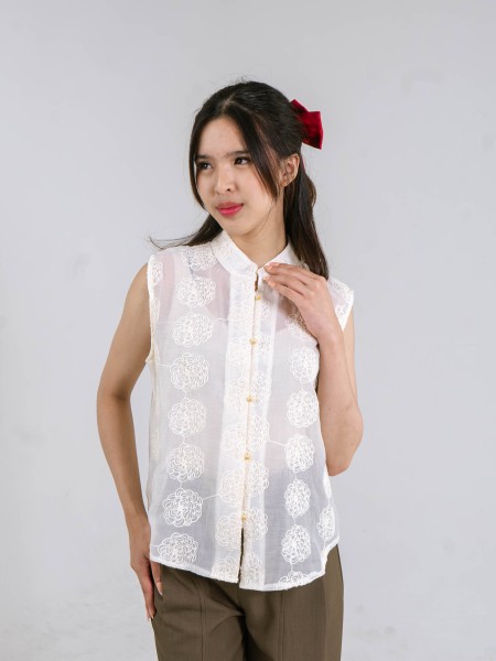 CNY Peony Embroidery Pearl Button Top