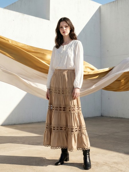 EID Tiered Stick Embroidery Maxi Skirt