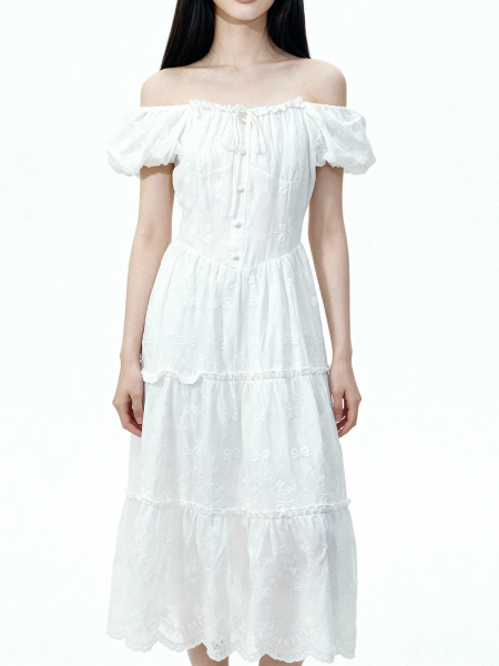 Stella Off Shoulder Embroidery Midi Dress