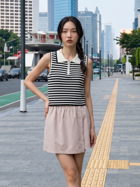 NRC Stripes Sleeveless Polo Zip Up Top