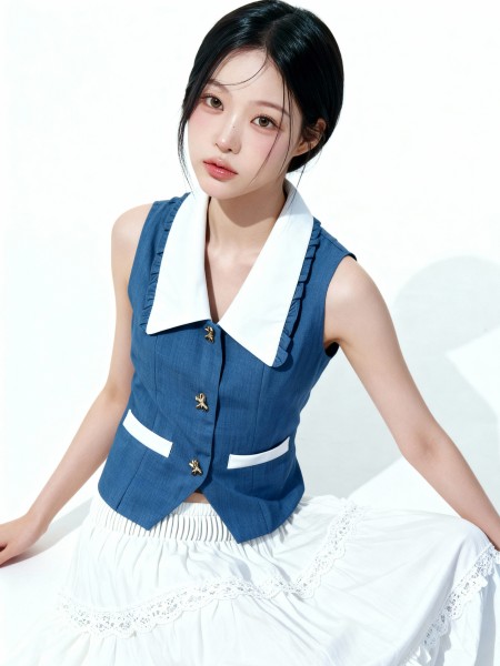 Farah Gold Ribbon Button Ruffles Accent Collar Top