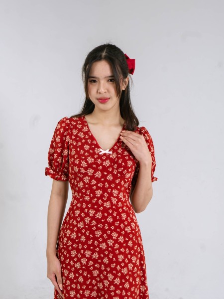 CNY Puff Sleeves V - Neck Flower Print Dress