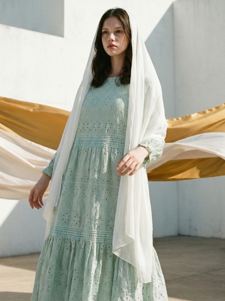 EID Alia Green Embroidery Tiered Midi Dress