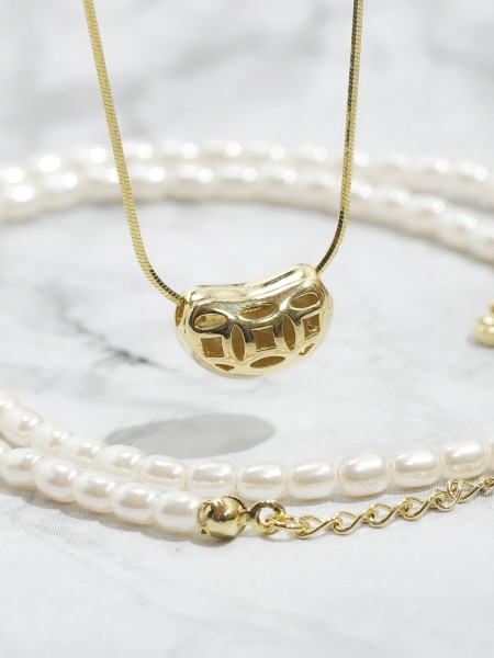 Double Chain Pearl and Cute Heart Necklace
