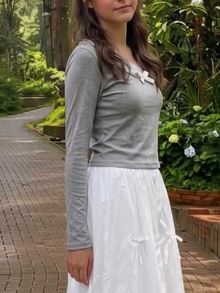 JR CORE PG Lace & Ribbon Neckline Long Sleeves Tee