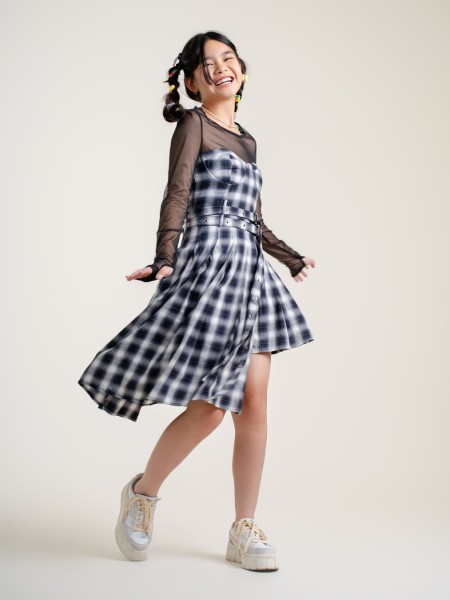 JR DITOX PADDED BRA CHECKERED ASYMMETRIC TUBE DRESS WITH BELT