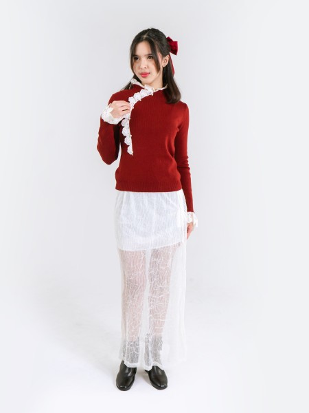 CNY Oriental Button Lace Knit Top