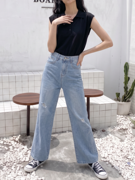 PG Light Denim Knee Ripped Semi Boot Cut Jeans
