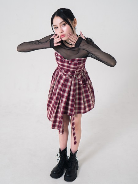 JR DITOX PADDED BRA CHECKERED ASYMMETRIC TUBE DRESS WITH BELT
