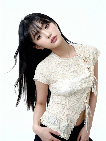 CNY Ribbon Tied Button Lace Top