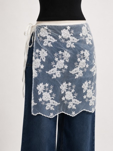PG Off White Flower Embroidery Waist Tie Acc