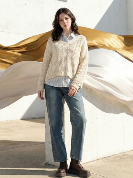 EID Knit Crochet V Neck Top