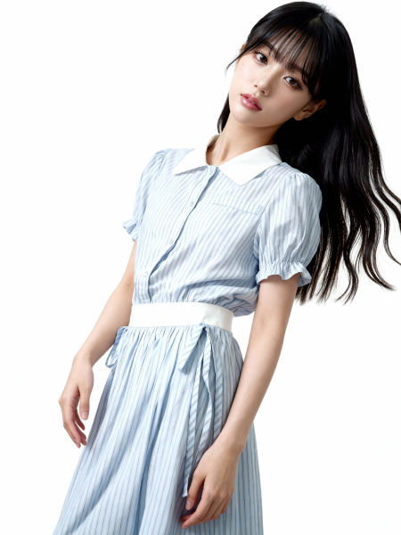 2pcs Set Stripes Top Snd Wide Pocket Long Skirt