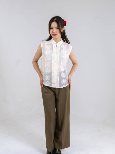 CNY Peony Embroidery Pearl Button Top