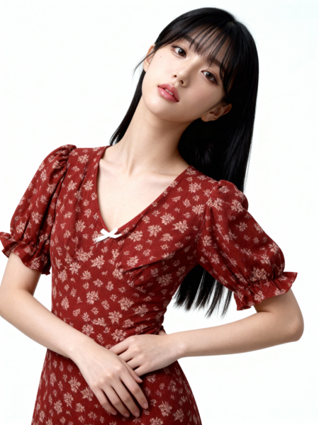 CNY Puff Sleeves V - Neck Flower Print Dress