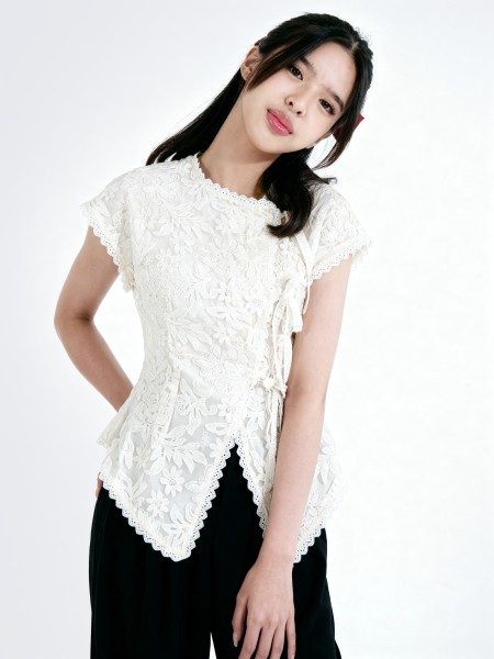 CNY Ribbon Tied Button Lace Top