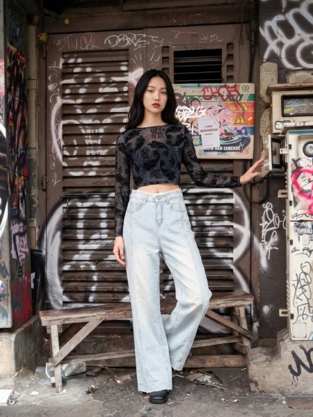 JR NRC High Waist Embeded Lace Edge Waist Light Denim Jeans