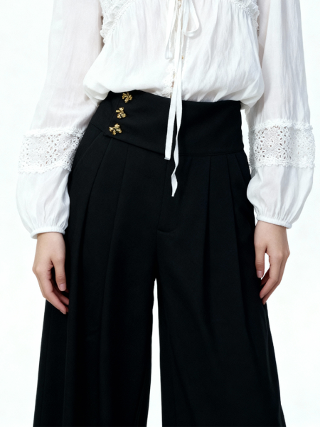 Eli Wide Leg Rustic Ribbon Button Pants