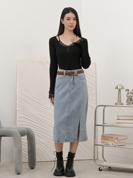 SMARTEN Evelyn Round Neck Lace Combi Knit Top