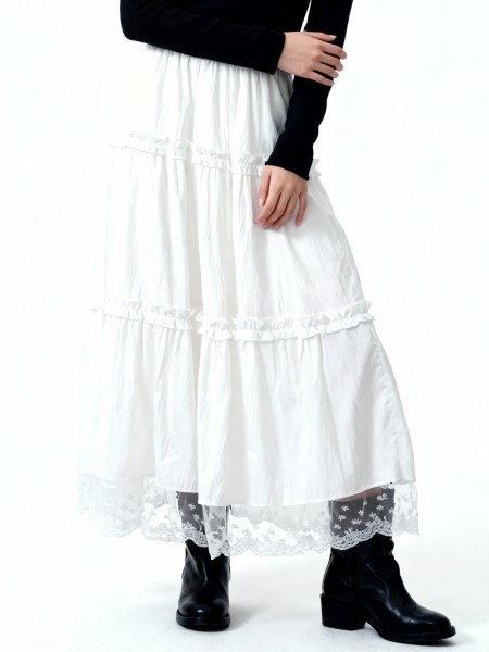 Elastic Waist Tiered Ruffles Long Inner Lace Skirt