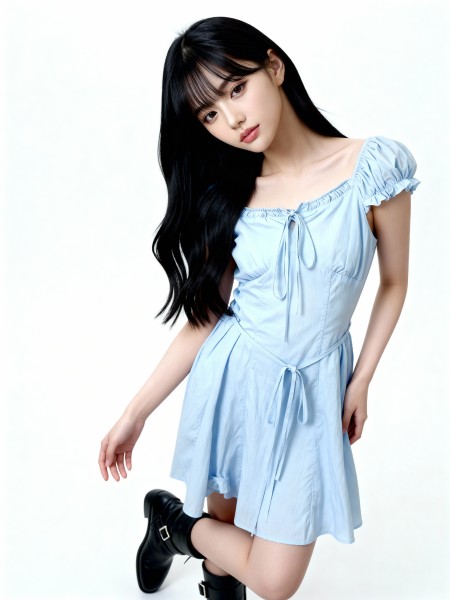 Multi Colour Puff Sleeves Knee Length Dress