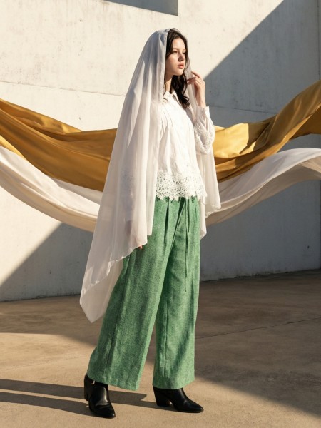 EID Tweed Combi Wide Leg Pants With Ribbon Belt