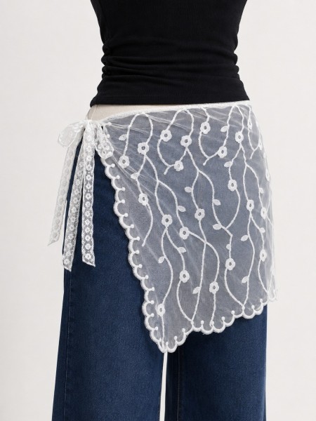 PG White Flower Branch Embroidery Waist Tie Acc