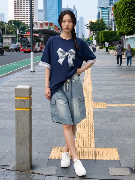 JR NRC Bow Print Lace Sleeves Tee