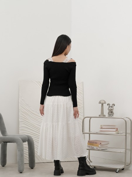 SMARTEN Tiered Flower Embroidery Maxy Skirt RO1