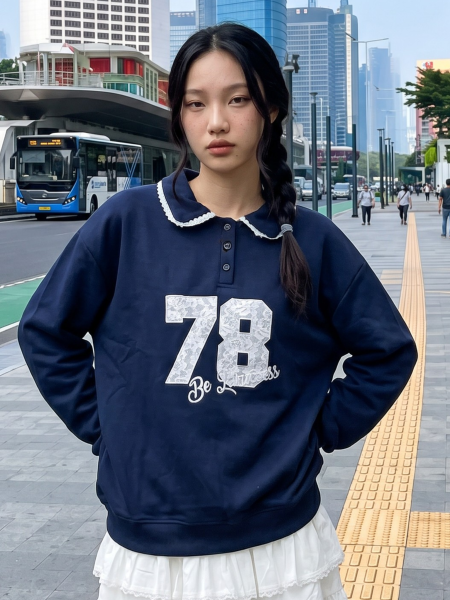 JR NRC Oversize 78 Lace Embroidery Polo Sweat Top