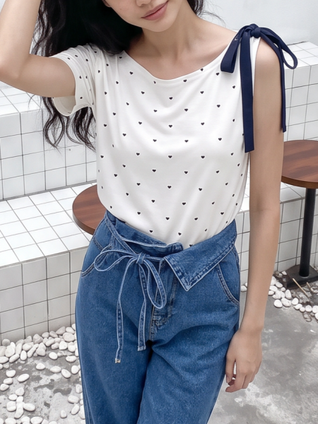 JR CORE Heart Shape Dot With Ribbon Tied Tee
