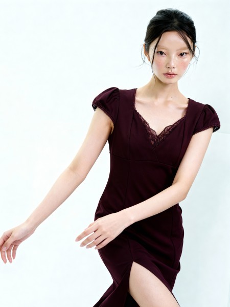 Natasha Lace V- Neck Split Midi Dress