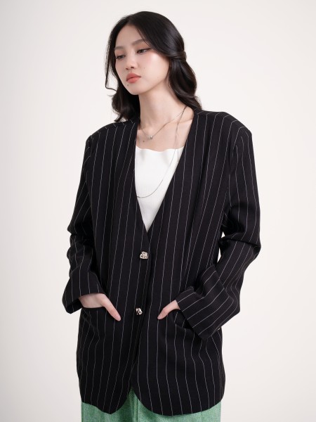 SMARTEN LINEN STRIPES OVERSIZE BLAZER