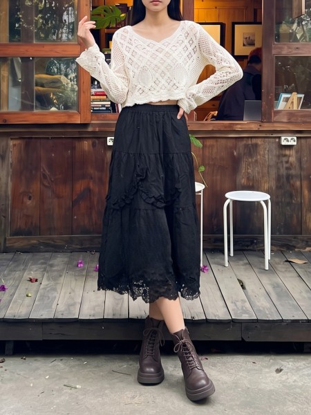 00 Ruffles Curtain Like TieredEmbroidery LongSkirt