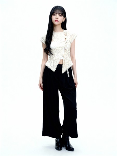 CNY Ribbon Tied Button Lace Top