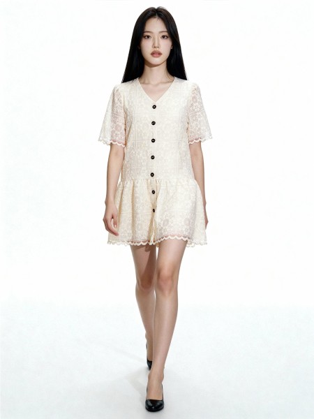 Lucy Embroidery Ribbon Gold Button Mini Dress