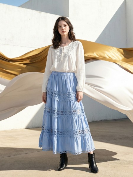 EID Tiered Stick Embroidery Maxi Skirt