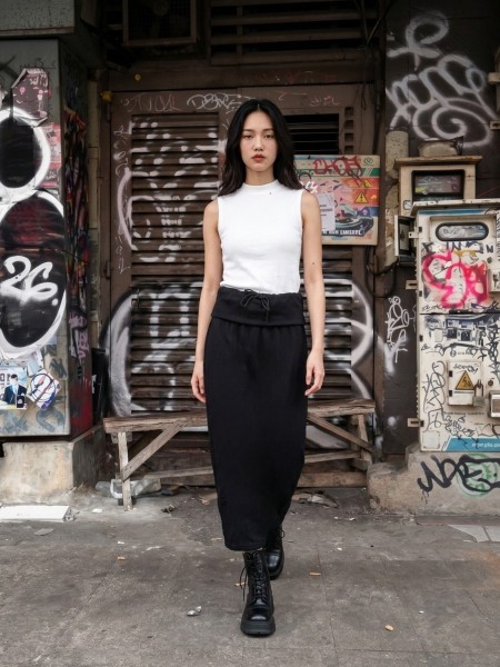 NRC Wide Elastic Folded Waist Midi Skirt