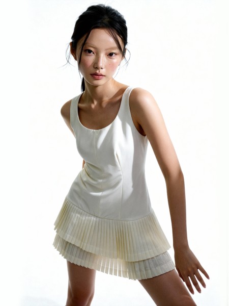 Blakely Round Neck Bottom Tier Pleats Dress