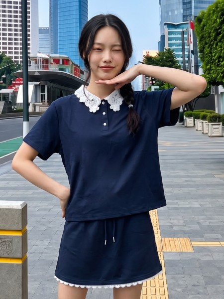 JR NRC 2pcs Set Lace Collar Polo & Lace Edge Skort