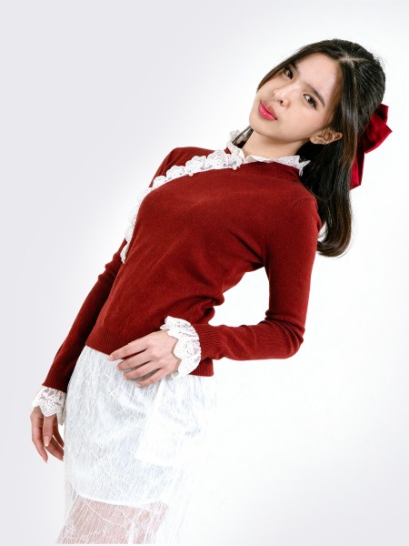 CNY Oriental Button Lace Knit Top