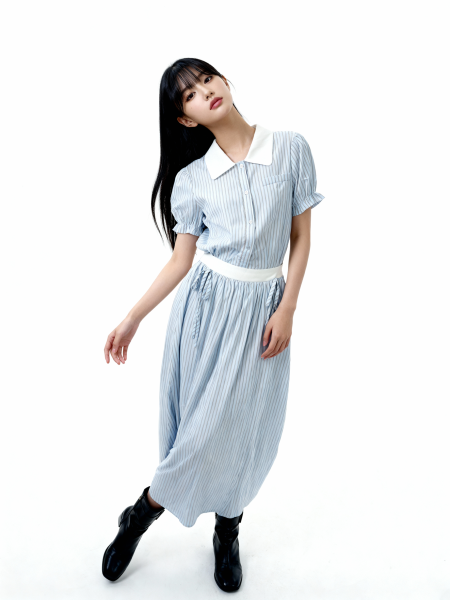 2pcs Set Stripes Top Snd Wide Pocket Long Skirt