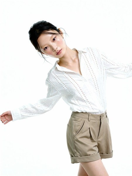 Pecan Grid Lines Embroidery Oversize Shirt