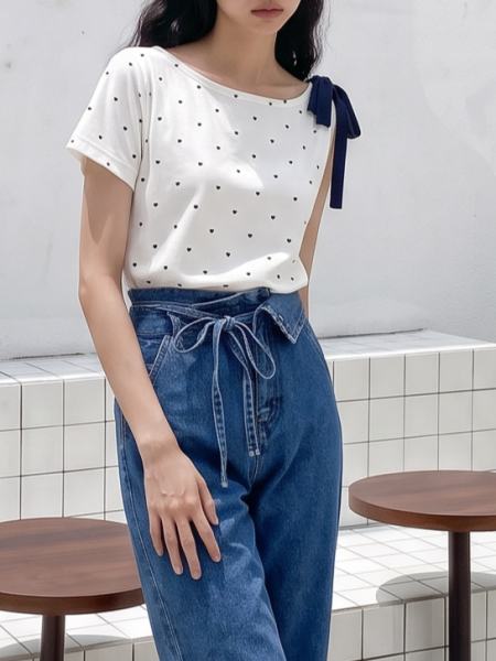JR CORE Heart Shape Dot With Ribbon Tied Tee