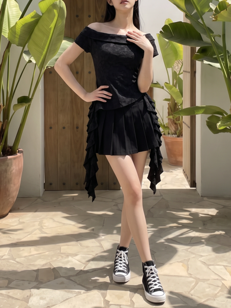 Off Shoulder Washed Side Drop Ruffles