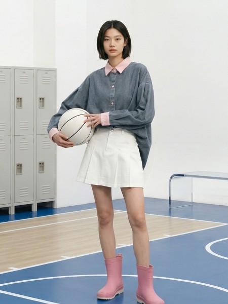 NRC Pink Button And Collar Denim Oversize Shirt