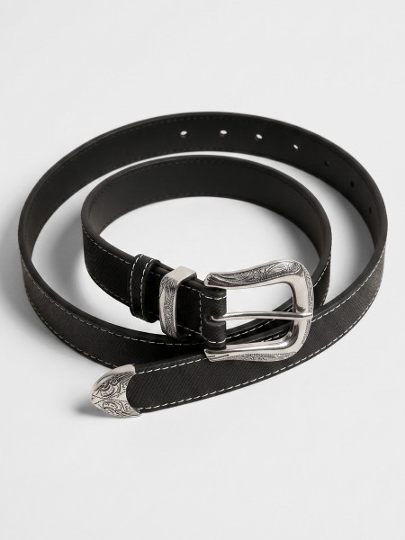 Engraved Silver Buckle Black  And Brown Belt