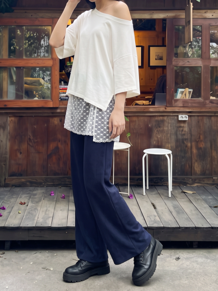 3pcsSet Loose OffShoulderTee-JerseyPants&Lace Acc