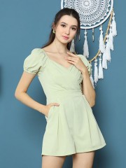 Cottage Core Front Fold Pleats Puff Sleeves Playsuit