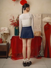 TT Heart Button Denim Pleats Skirt